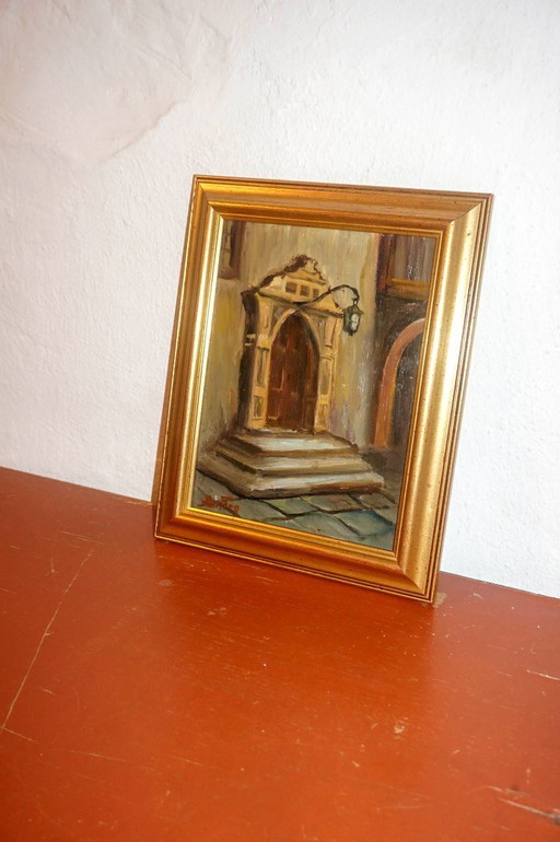vintage architectural painting * signed framed oil painting * european doorway scene * mid-century artwork