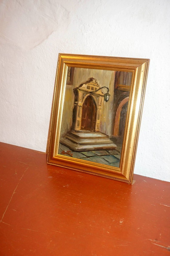 Image 1 of vintage architectural painting * signed framed oil painting * european doorway scene * mid-century artwork