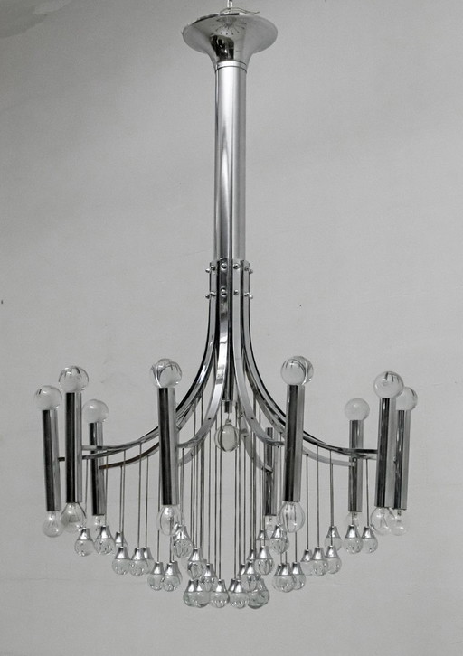 Gaetano Sciolari Mid-Century Modern Italian Chrome and Glass Chandelier, 1970