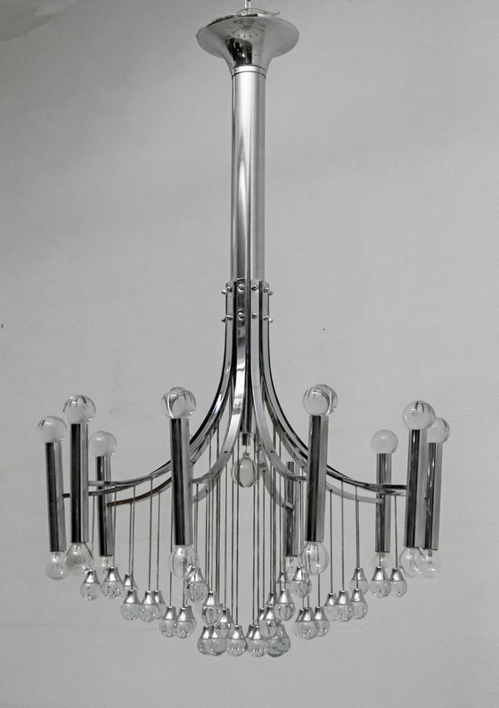 Image 1 of Lampadario italiano in vetro e cromo di Gaetano Sciolari, 1970, metà del secolo scorso