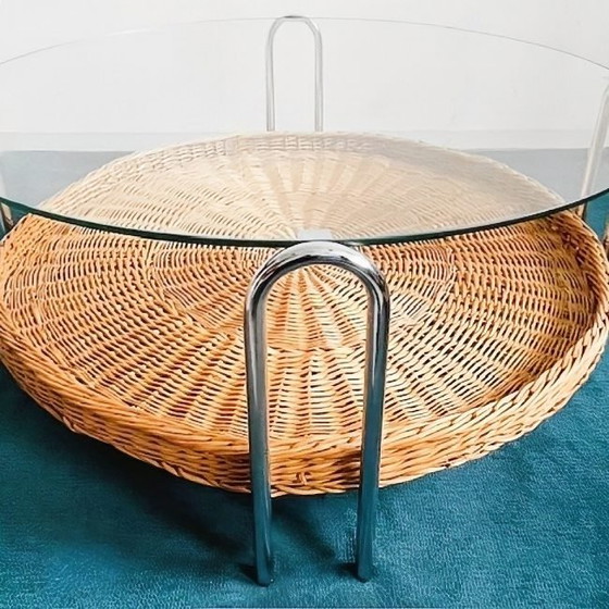 Image 1 of Vintage mid-century retro design salontafel rotan chroom glas riet 1970's