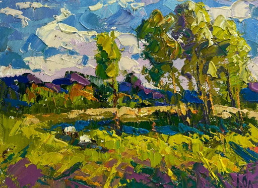 Pintura al óleo original Paisaje natural colorido Ecos de la primavera y el brillo del agua
