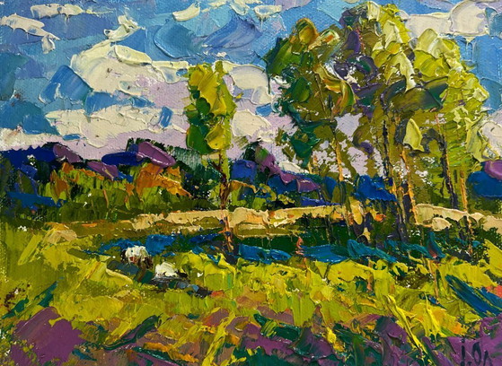 Image 1 of Original Oil Painting Colorful Nature Landscape Echoes of spring and water’s glimmer
