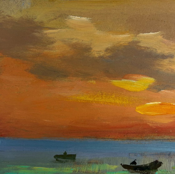 Image 1 of Original Oil Painting Evening Coastal Landscape Orange sunset over the river