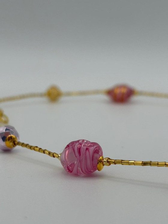 Image 1 of Murano Glass Necklace with Gold Leaf – Handcrafted Pink Beads – 47 cm – with Certificate