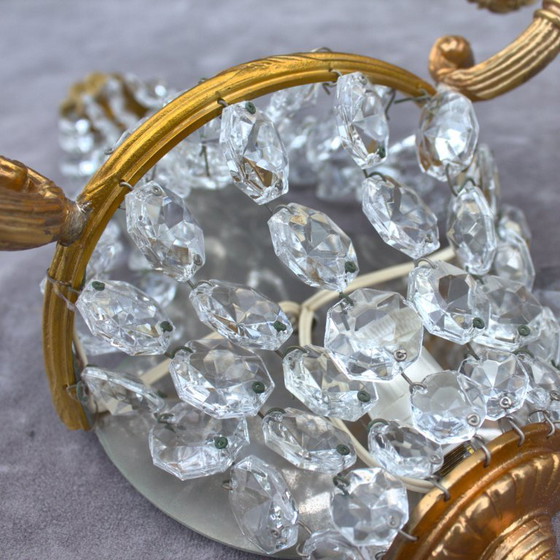 Image 1 of Antique set of 2 gilded brass sconces with crystal cutted drops romantic home decor from France