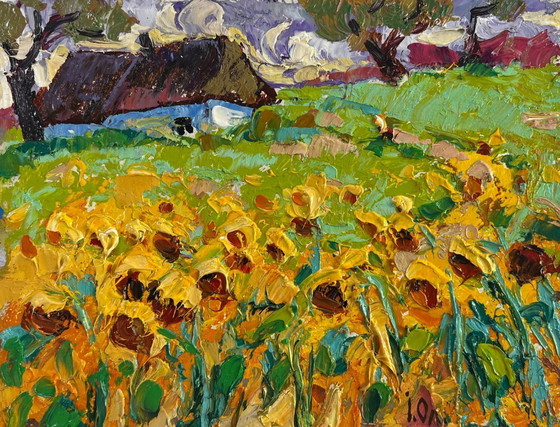 Image 1 of Original Oil Painting Flowers Village Landscape Fragrant summer in the field