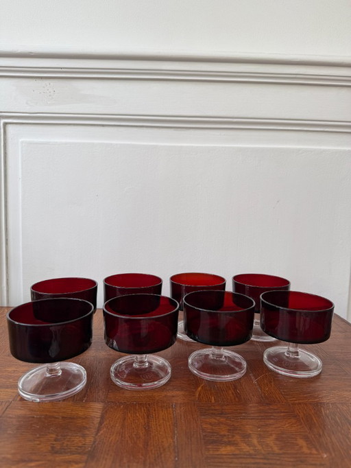 Juego de 6 copas de champán rojo rubí Luminarc, fabricadas en Francia, años 70