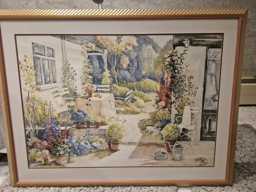 Grande aquarelle romantique signée, dans un magnifique cadre.