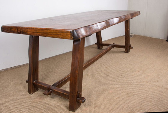 Image 1 of Large Brutalist style dining table, farmhouse style, in solid elm in the style of Olavi Hanninen 1960.
