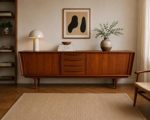Rara Credenza in teak Bernhard Pedersen (BPS-M) Modello 1560, Danimarca anni '60, 250 cm, Ante a serrandina, Mid Century Modern