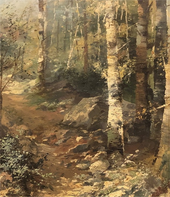 Image 1 of Huile sur toile ancienne signée, paysage de sous-bois 1893, cadre doré
