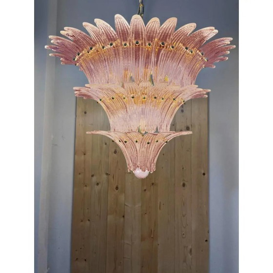 Image 1 of Coppia di iconici lampadari in vetro di Murano rosa "Palmette" di metà secolo