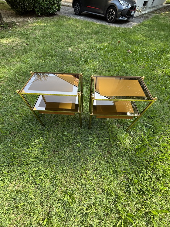 Pair of Italian Brass & Smoked Glass Bedside Tables with Drawers – 1970s – Comodini, Wood (photo 13 of 15)