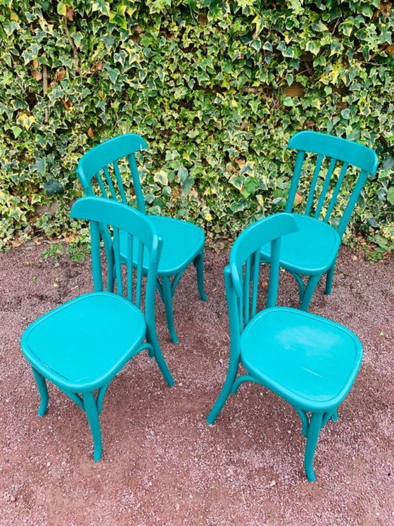 Set aus 4 grünen Bistrostühlen, Esszimmerstühle, Holz, Türkis, Vintage (Foto 13 von 15)