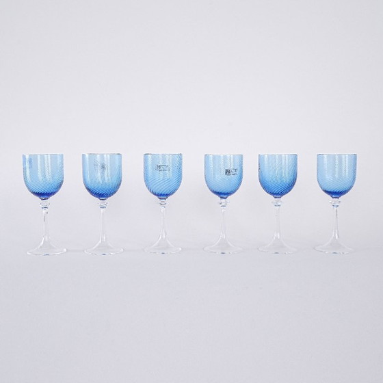 Image 1 of Set blauwe glazen, Murano glas, Italiaans design, jaren 70, gemaakt in Italië