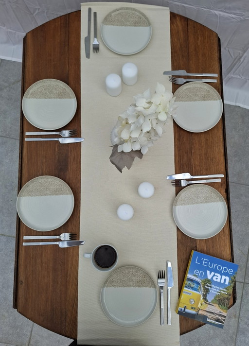 🪵 Solid oak table with drop leaves — white lacquered legs — vintage chic style
