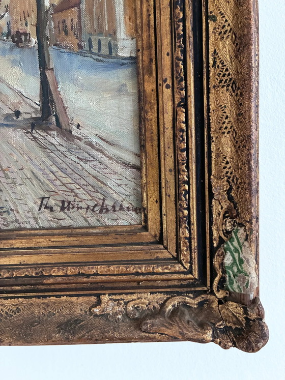 Image 1 of Pintura al óleo original de época que representa un puerto escandinavo.