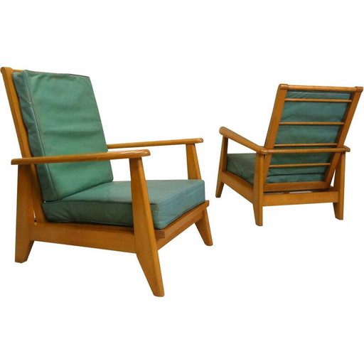 Coppia di poltrone vintage in pelle verde, 1940-1950