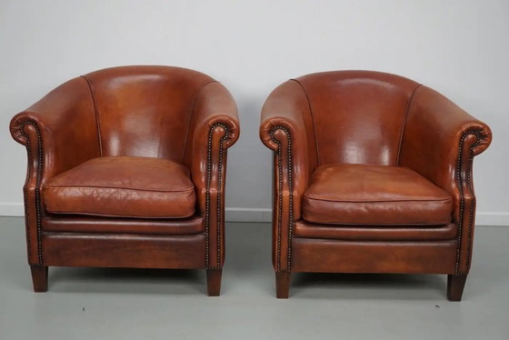 Image 1 of Vintage Nederlandse clubfauteuils in cognackleurig leer, set van 2