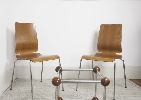 Image 1 of Chaises IKEA Gilbert en teck vintage, ensemble de 6 chaises de salle à manger empilables en contreplaqué de teck, style scandina