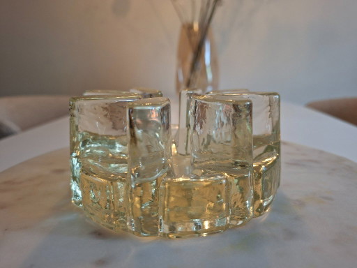 Calentador de tetera brutalista vintage de cristal, rechaud o portavelas años 70