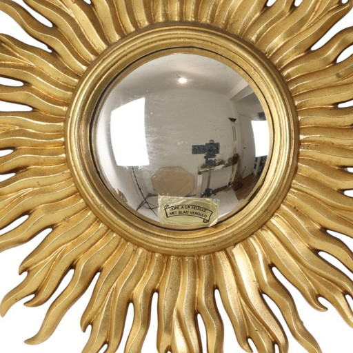 Espejo vintage con forma de sol y detalles dorados en pan de oro de 52 cm.