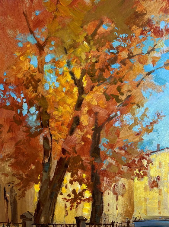 Image 1 of Pintura al óleo original Paisaje urbano otoñal Escalones en el puente de otoño