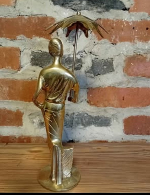 Statuetta Art Déco in ottone massiccio – Elegante donna con ombrellino – decoratieve objecten, Brass (photo 2 of 5)