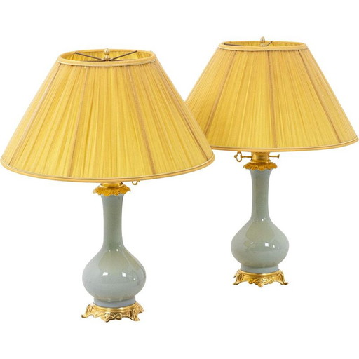 Pair of vintage celadon porcelain and gilt bronze lamps, 1880