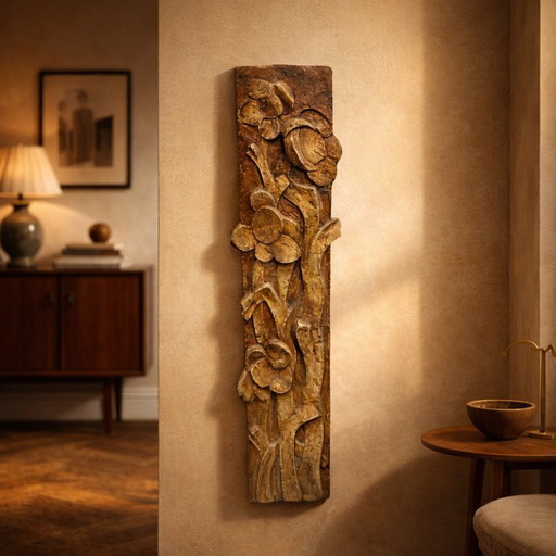 Vintage Wandskulptur Blumenrelief Metallplatte