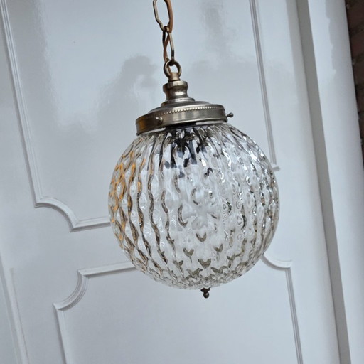 Lampadario vintage Art Déco a globo, lampada a sospensione in vetro pressato