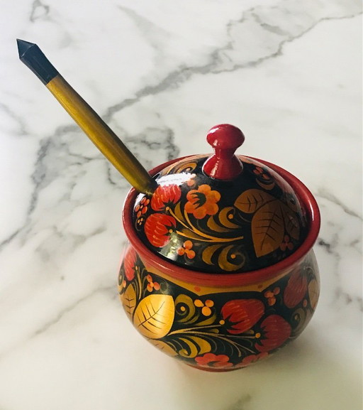 Turned wooden pot and spoon Soviet handicraft