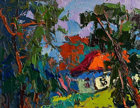 Image 1 of Original Oil Painting Evening River Landscape Fishing in the summer