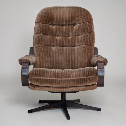 Jaren 70, Deense draaibare fauteuil, bruin corduroy.
