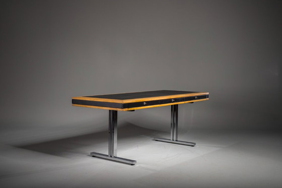 Image 1 of Mid-Century Modern Schreibtisch aus Eiche und Chrom mit Lederplatte, 1980er Jahre