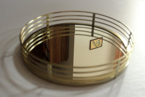 Elegant round serving tray - mirror tray - brass/glass - vintage