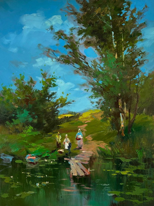Original Oil Painting Summer River Landscape At the Village Shore – schilderijen tekeningen, Mdf