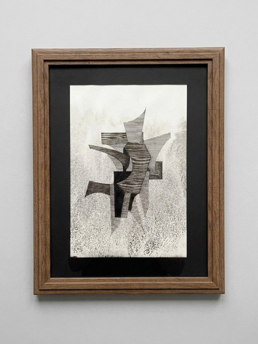 Original framed artwork on paper, signed Eugène Eechaut, created in ink in 1973