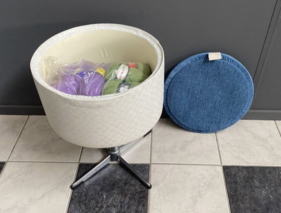 Image 1 of Sewing box on chroom foot, white skai and blue gabric 1960s