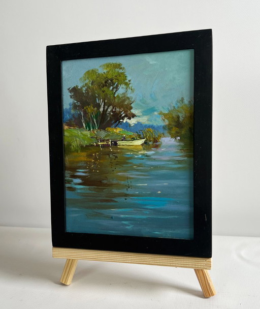 Original Oil Painting Summer River Landscape Boat ride on the river