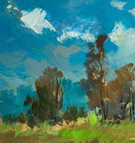Image 1 of Original Oil Painting Summer Church Landscape A lonely boat among the reeds