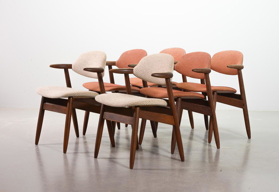 Image 1 of Authentic Cowhorn Tijsseling Dining Chairs with the Original Fabric Upholstery by Hulmefa. Set of 6. The Netherlands, 1960s.