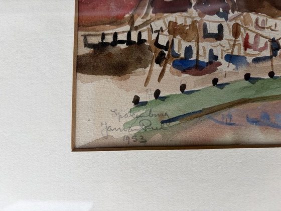 Image 1 of Watercolor by Jan van Riel from 1953 of the harbor of Spakenburg.