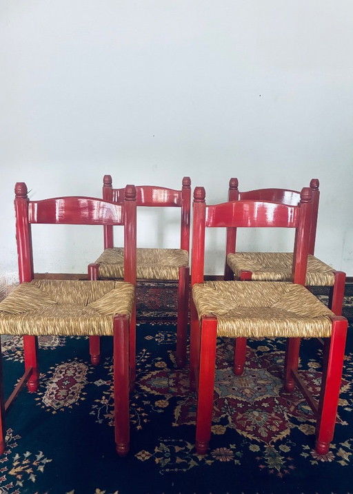 Set di 4 Sedie italiane Mid Century / Folk – Nello stile di Carimate / Vico Magistretti – Anni '60/'70 – eetkamerstoelen