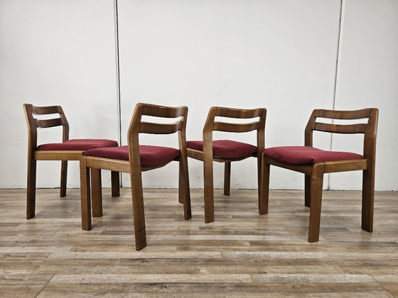 Set of four dining chairs, brown wood with red textile seats, Mid Century Modern (photo 3 of 13)