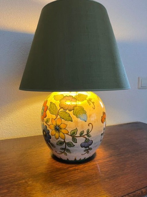 Keramik-Tischlampe aus den 1930er Jahren mit Blumenmotiv – Vintage