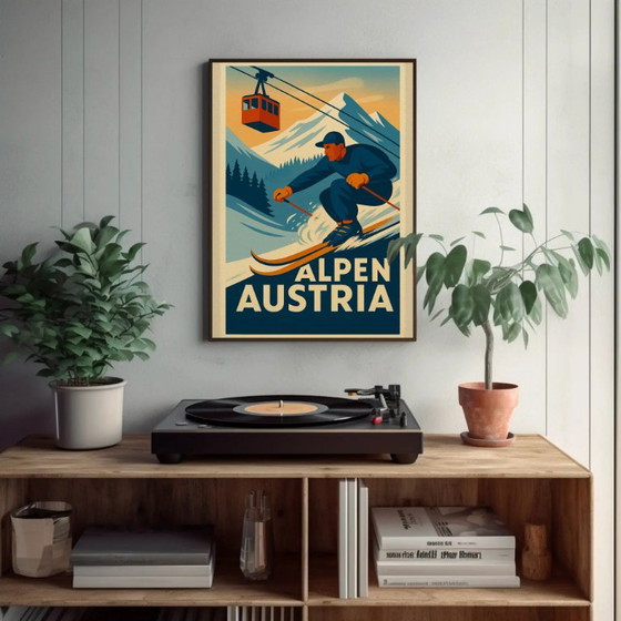 Poster sciatore Alpi austriache stile vintage, Carta, Blu (foto 4 di 6)