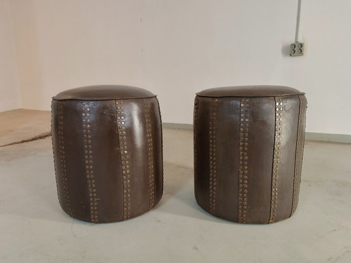 Ensemble de 2 poufs en cuir marron