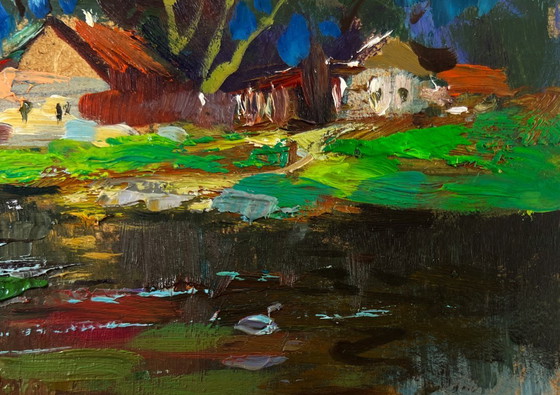 Image 1 of Original Oil Painting Summer Coastal Landscape The river flows past the village
